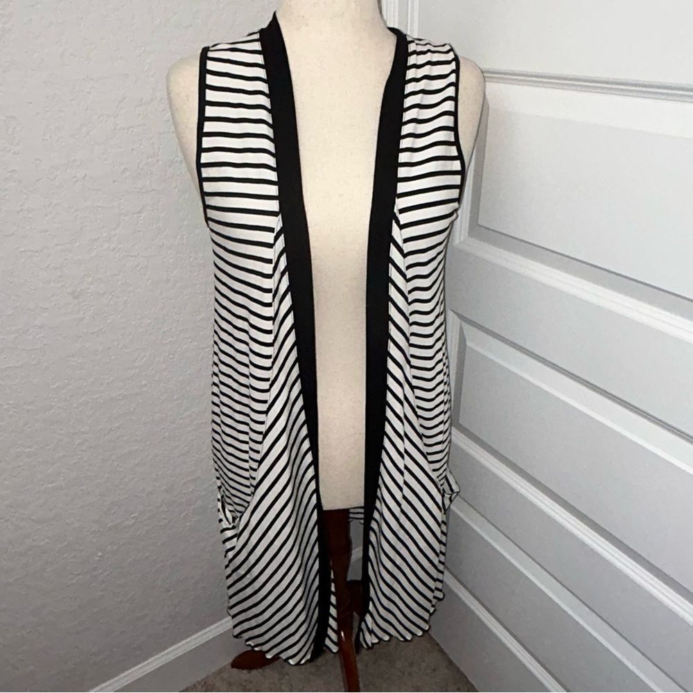 Chico’s Stripe Print Open Front Long Tunic Sleeveless Cardigan Chicos